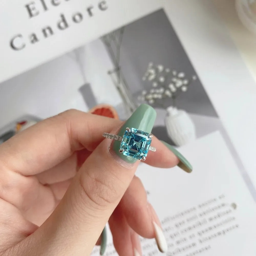 S925 silver ring with 4 karat square pagoda cut aquamarine stone in geometric style