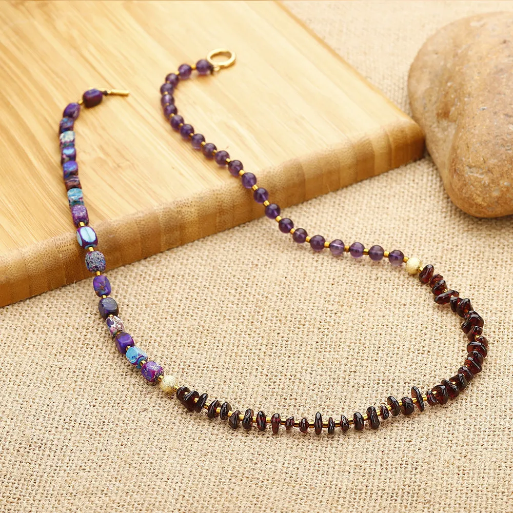 Purple amethyst and garnet round stone bead bracelet with geometric shapes