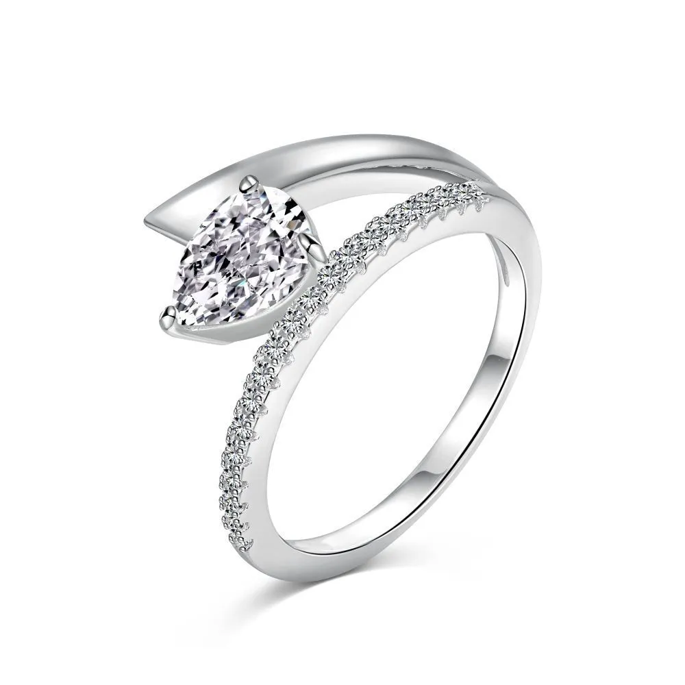 Women's silver water drop diamond ring with electroplated finish, geometric drop shape, golden pink diamond colour option