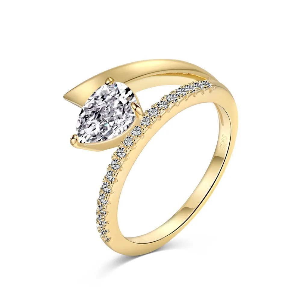 Women's silver water drop diamond ring with electroplated finish, geometric drop shape, golden pink diamond colour option
