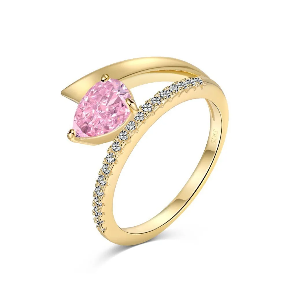 Women's silver water drop diamond ring with electroplated finish, geometric drop shape, golden pink diamond colour option