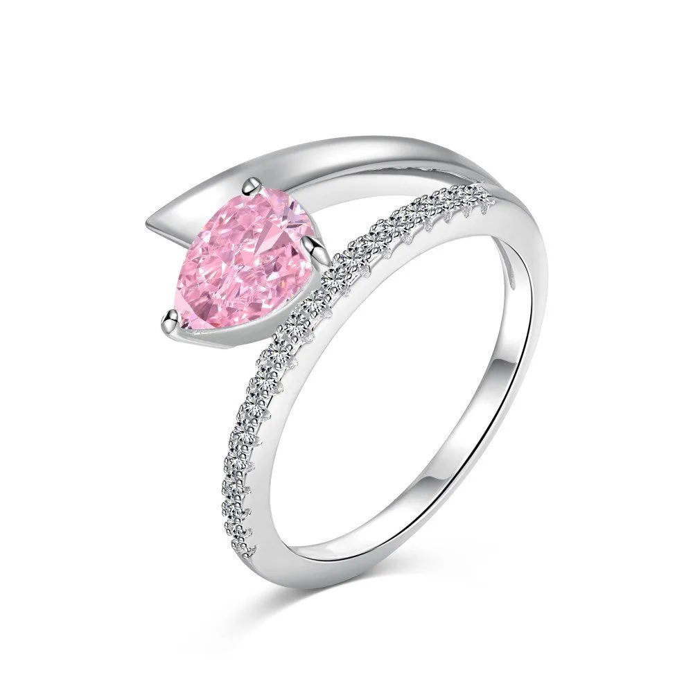 Women's silver water drop diamond ring with electroplated finish, geometric drop shape, golden pink diamond colour option
