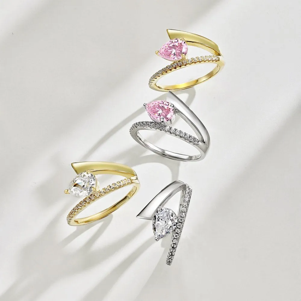 Women's silver water drop diamond ring with electroplated finish, geometric drop shape, golden pink diamond colour option