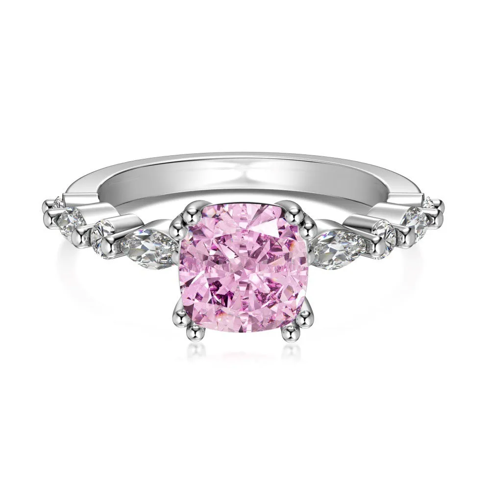 S925 sterling silver ice flower cut zircon inlaid ring with platinum electroplating on white background