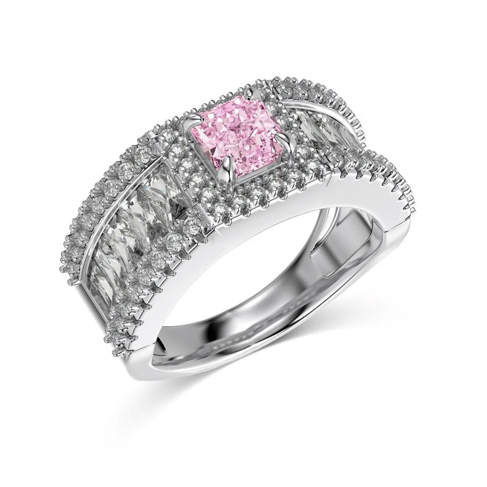 S925 sterling silver ice flower cut zircon inlaid ring with platinum electroplating on white background