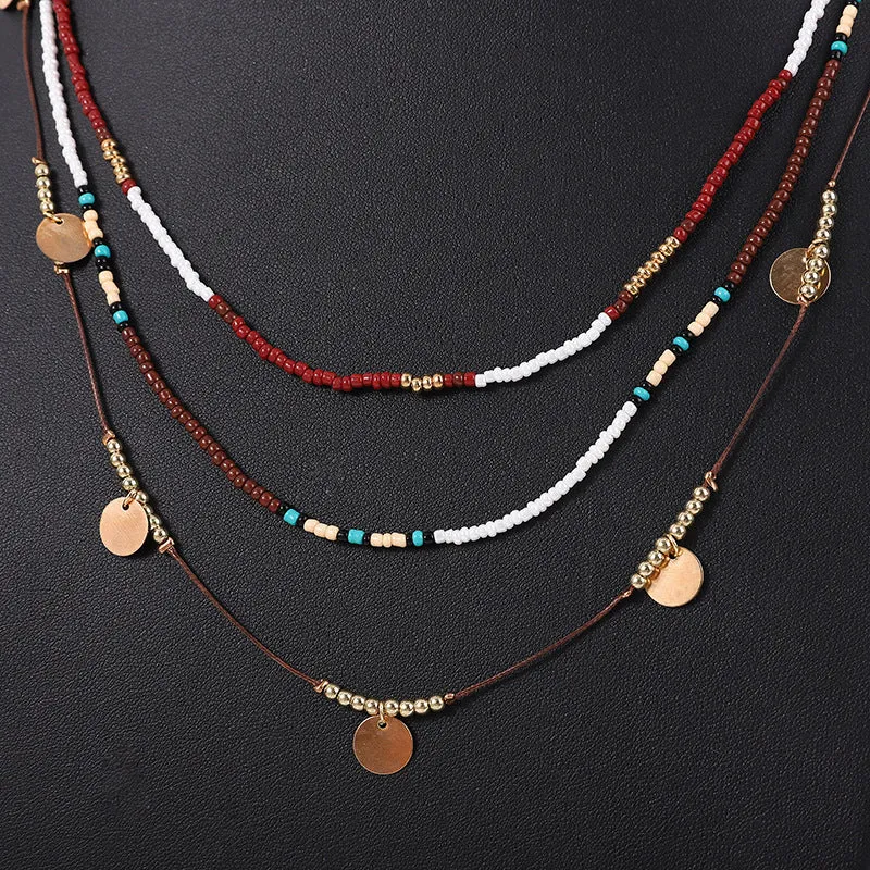 Multi-layer bead necklace with alloy geometric pendant in ethnic style, unisex clavicle chain