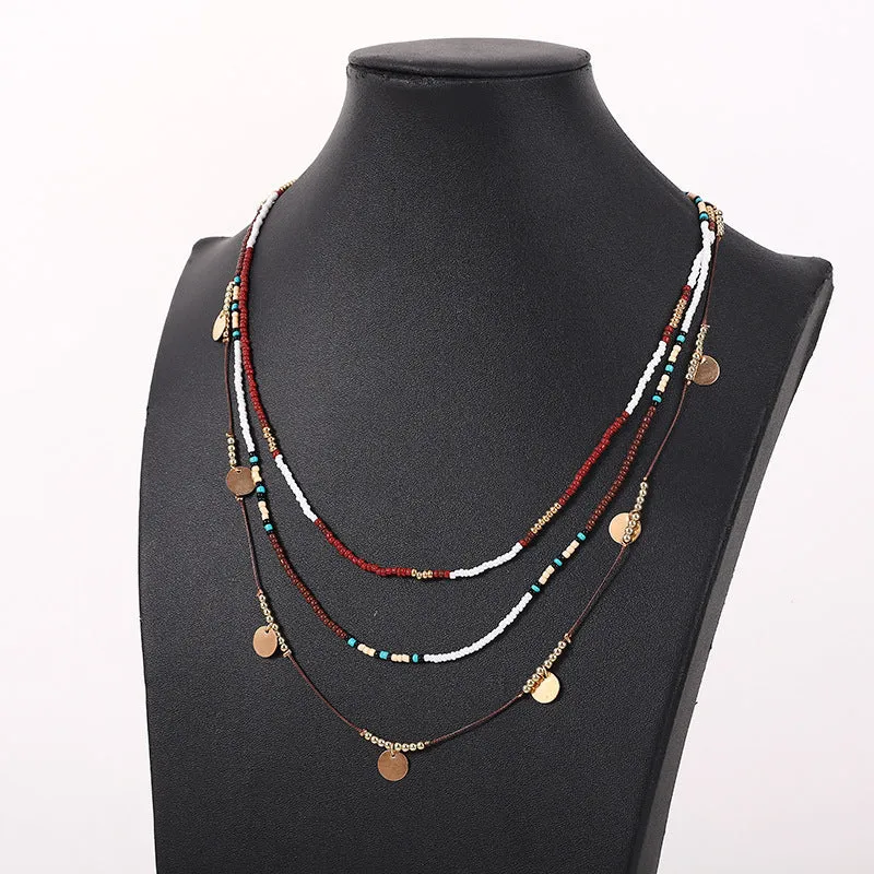 Multi-layer bead necklace with alloy geometric pendant in ethnic style, unisex clavicle chain