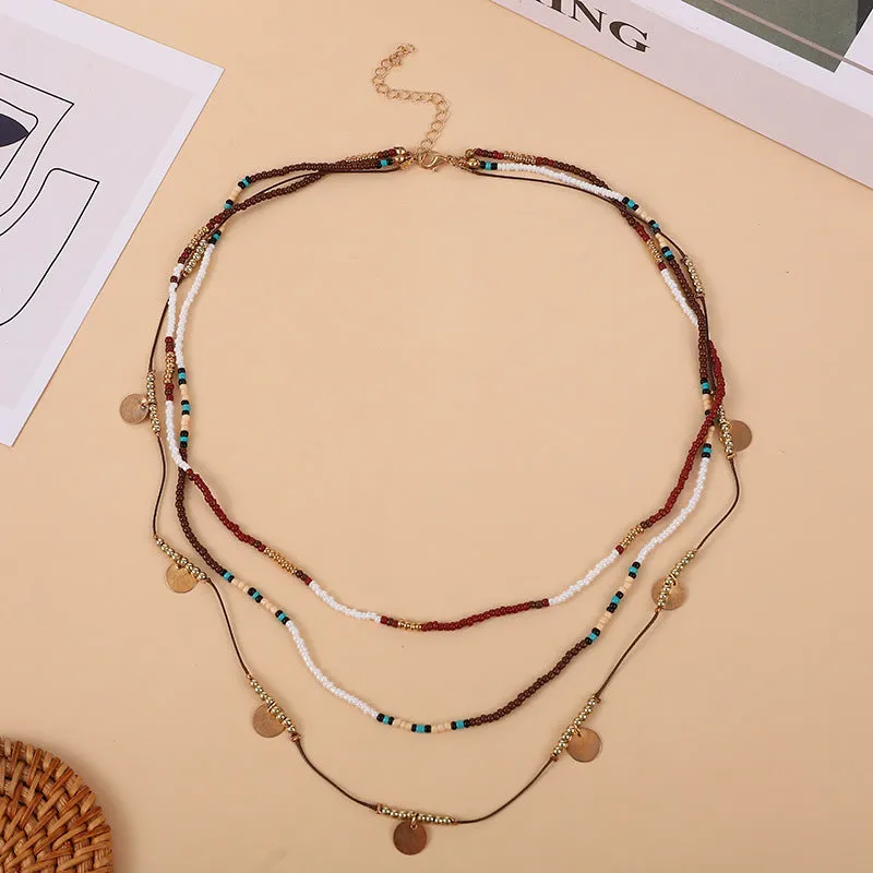 Multi-layer bead necklace with alloy geometric pendant in ethnic style, unisex clavicle chain