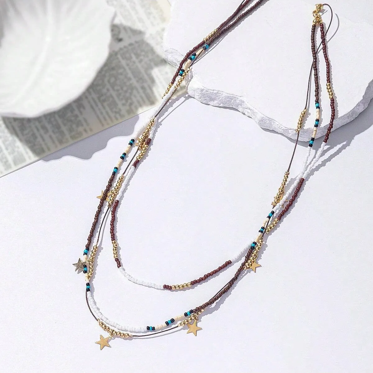 Multi-layer bead necklace with alloy geometric pendant in ethnic style, unisex clavicle chain