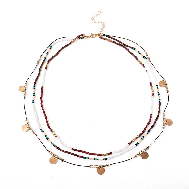 Multi-layer bead necklace with alloy geometric pendant in ethnic style, unisex clavicle chain