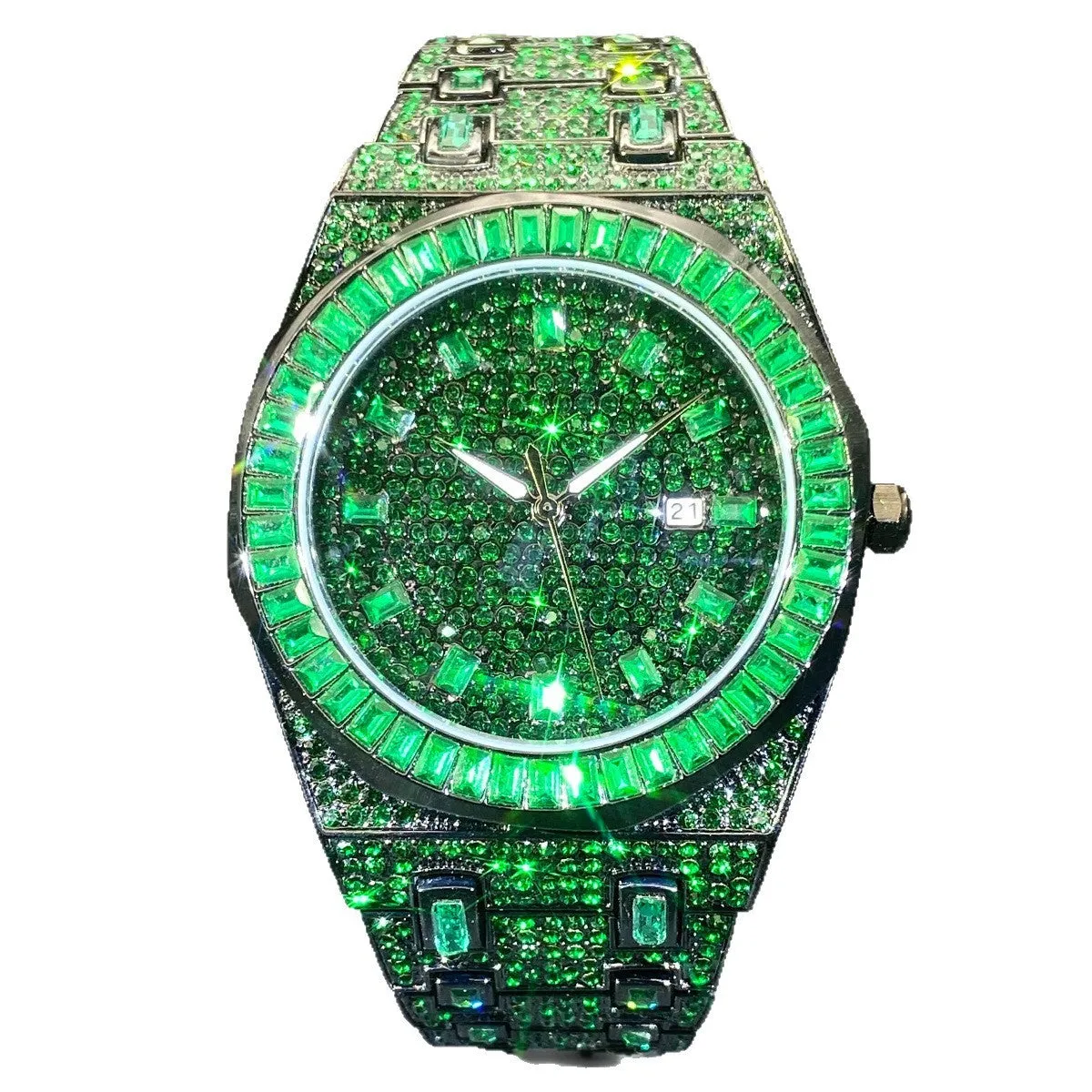 Green full rhinestone hip hop quartz watch for men with alloy case and 13mm thickness