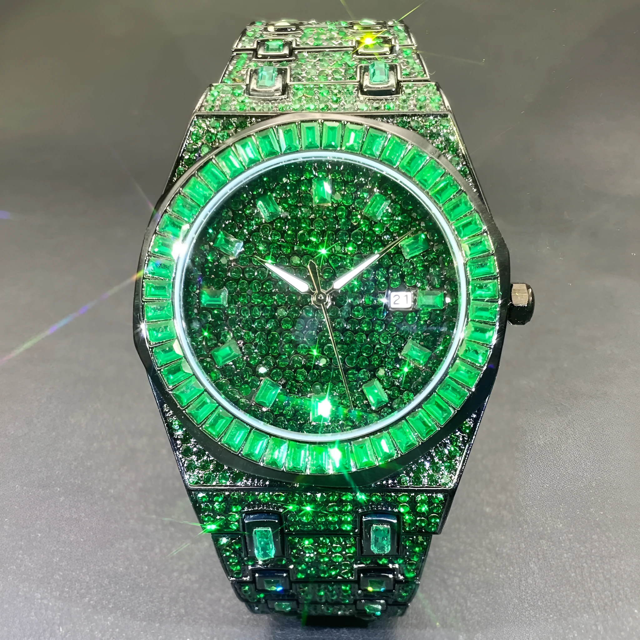 Green full rhinestone hip hop quartz watch for men with alloy case and 13mm thickness