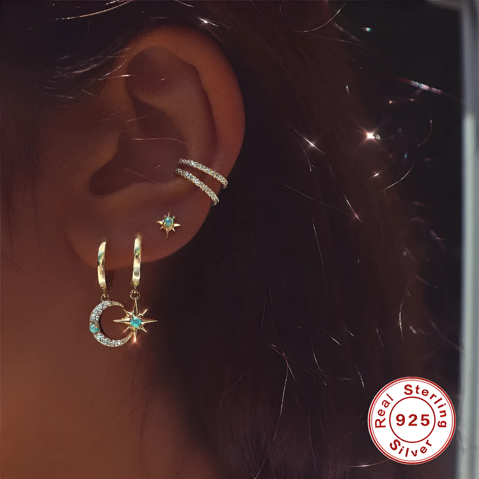 Gold electroplated S925 silver octagonal stud earrings with diamond and opal style eight Awn star motif