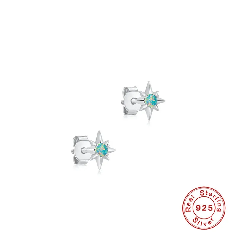 Gold electroplated S925 silver octagonal stud earrings with diamond and opal style eight Awn star motif