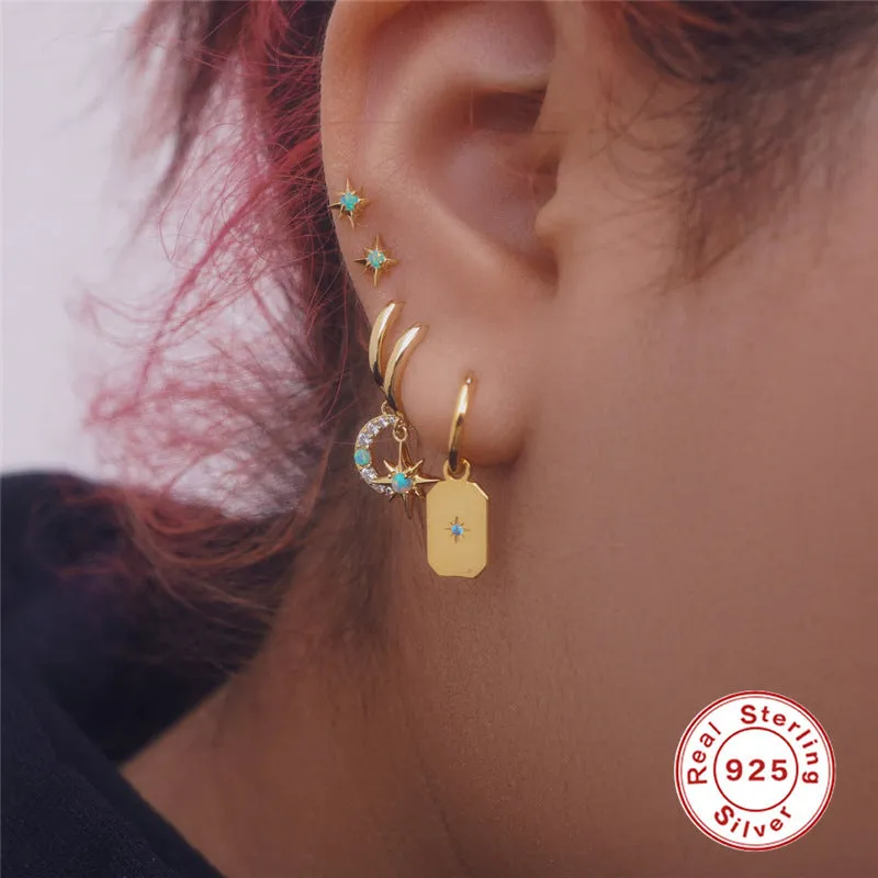 Gold electroplated S925 silver octagonal stud earrings with diamond and opal style eight Awn star motif