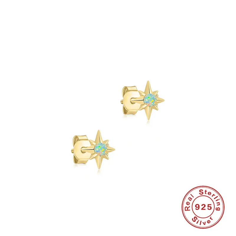Gold electroplated S925 silver octagonal stud earrings with diamond and opal style eight Awn star motif