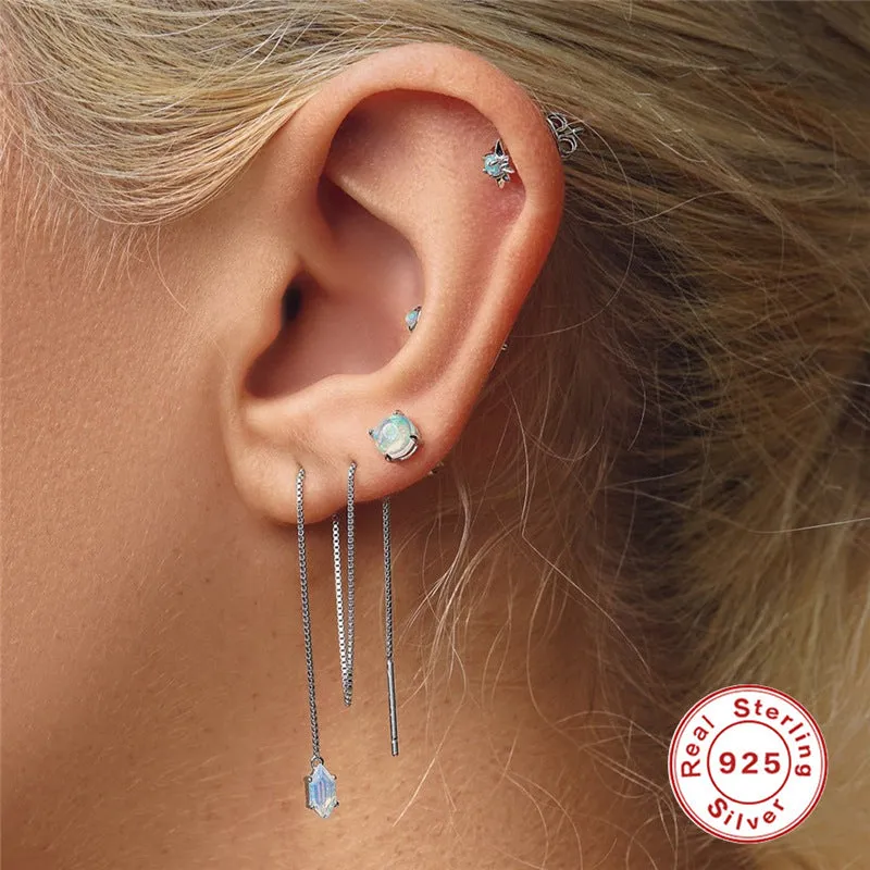 Gold electroplated S925 silver octagonal stud earrings with diamond and opal style eight Awn star motif