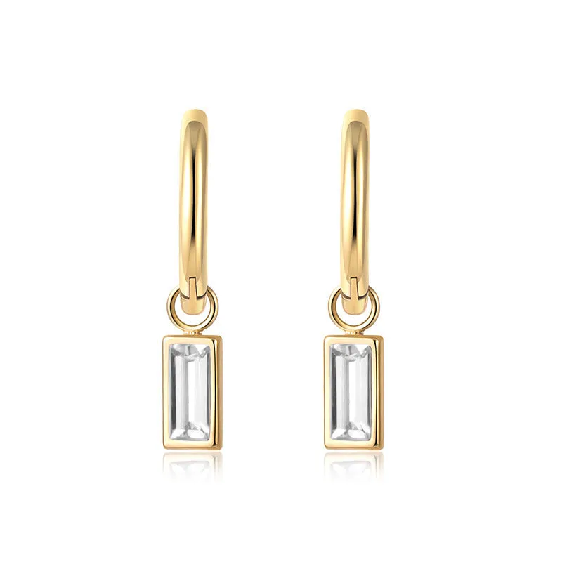 Emerald square zircon earrings on titanium steel with O-shaped chain, geometric simple style