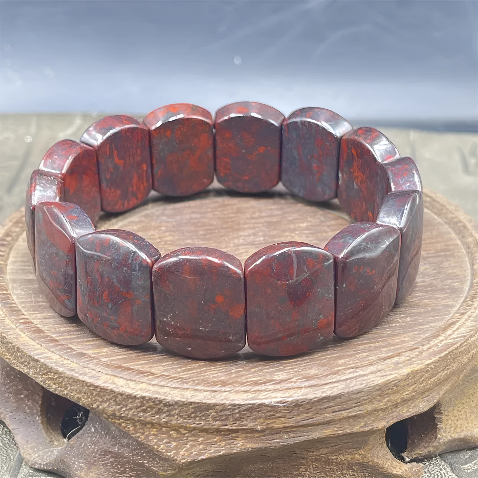 Bloodstone meteorite bracelet in quartz rock jade with modern simplicity design.