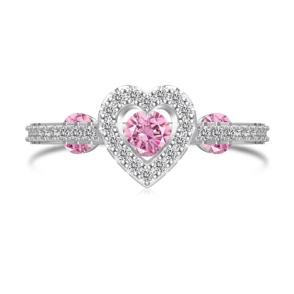 S925 sterling silver heart shaped geometric ring for women, pink diamond finish, top view