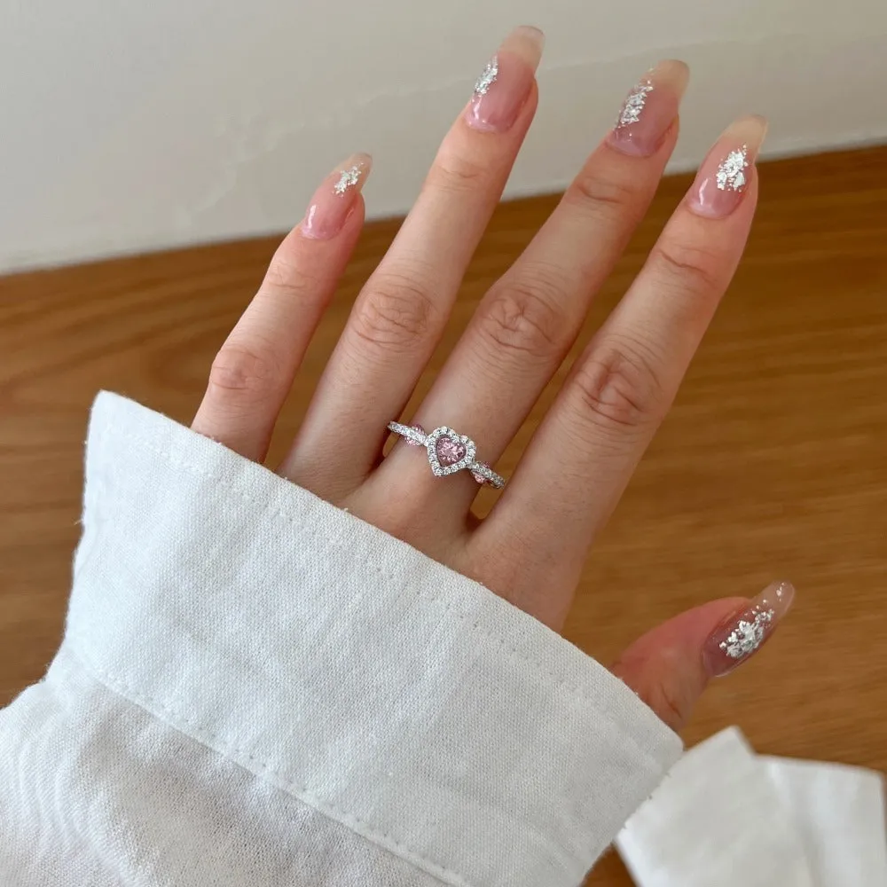 S925 sterling silver heart shaped geometric ring for women, pink diamond finish, top view