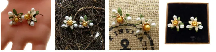 Women's retro orange blossom leaf earrings with freshwater yellow pearl and green varnish on silver alloy base