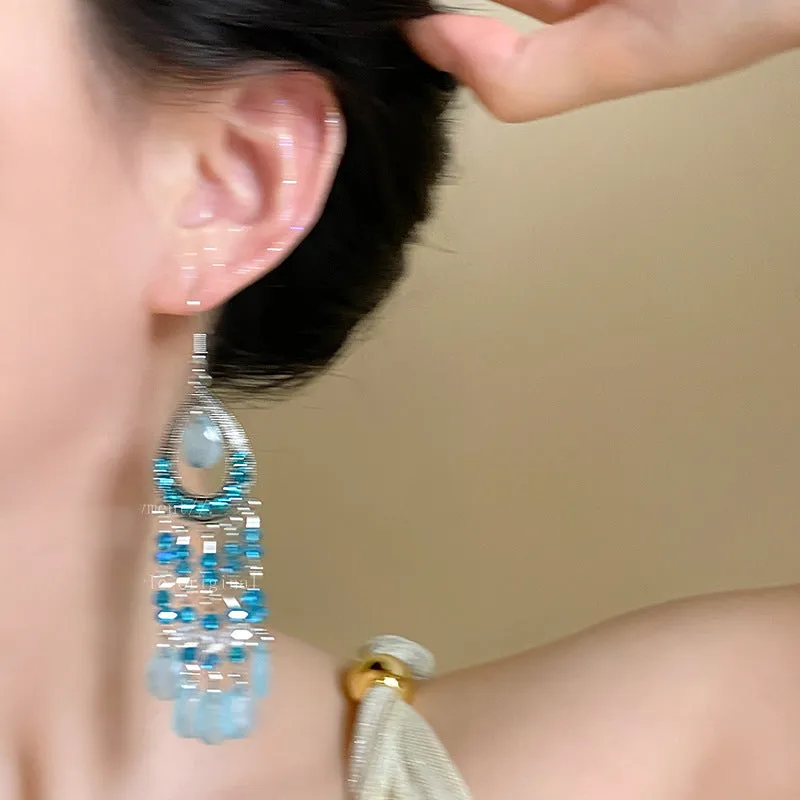 Water drop glass tassel earrings with diamond-embedded treatment, light luxury high-grade style, five colour options