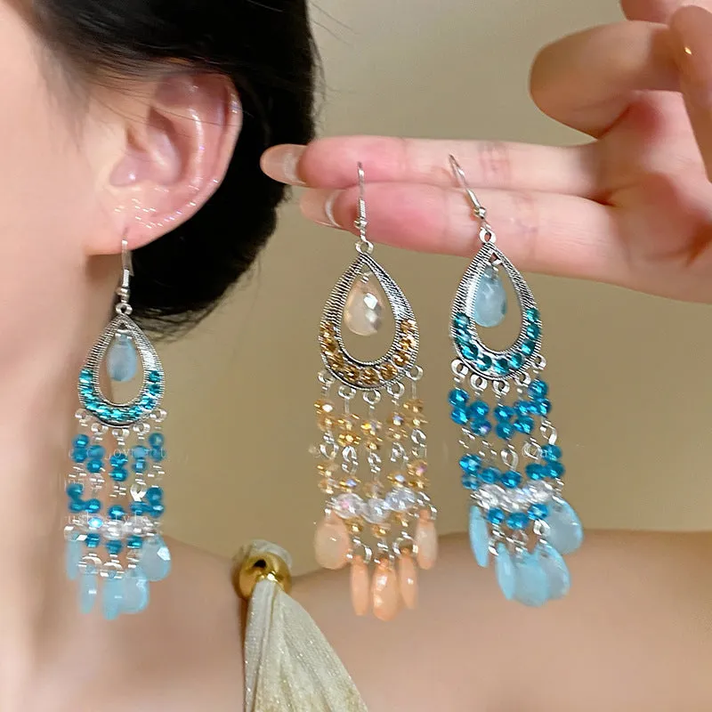 Water drop glass tassel earrings with diamond-embedded treatment, light luxury high-grade style, five colour options