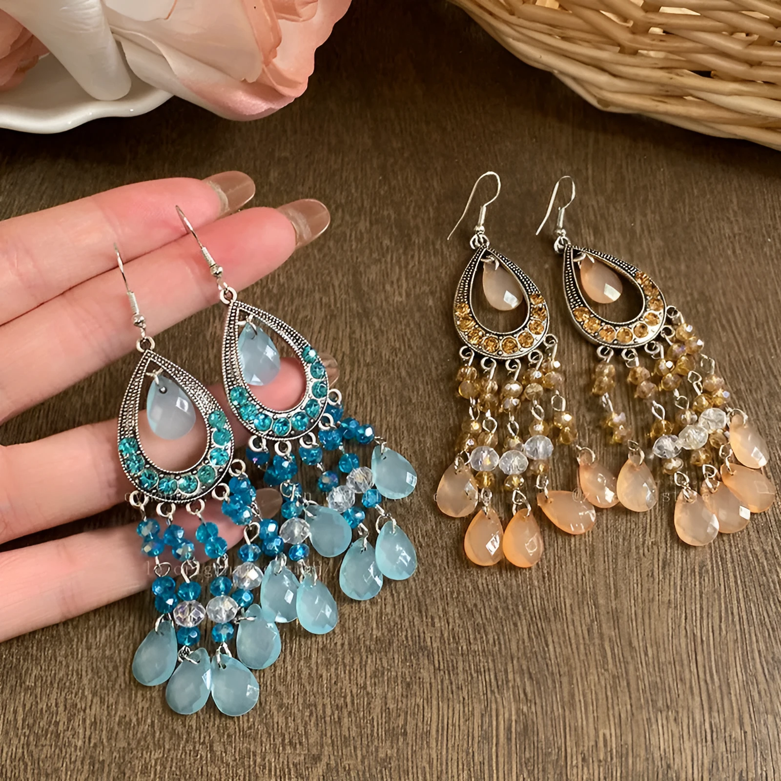 Water drop glass tassel earrings with diamond-embedded treatment, light luxury high-grade style, five colour options