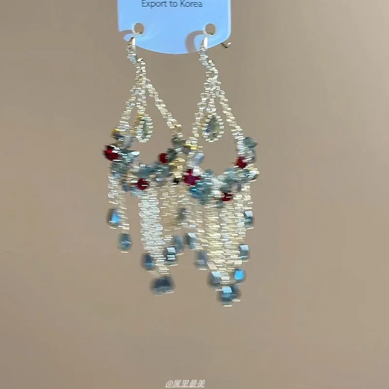 Water drop glass tassel earrings with diamond-embedded treatment, light luxury high-grade style, five colour options