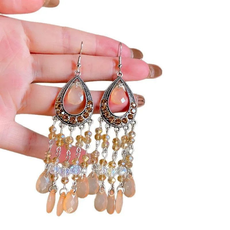 Water drop glass tassel earrings with diamond-embedded treatment, light luxury high-grade style, five colour options