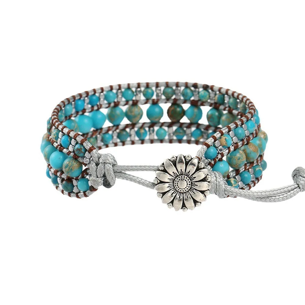 Bohemian emperor turquoise handmade bracelet with green inlaid gem and starry sky geometric design