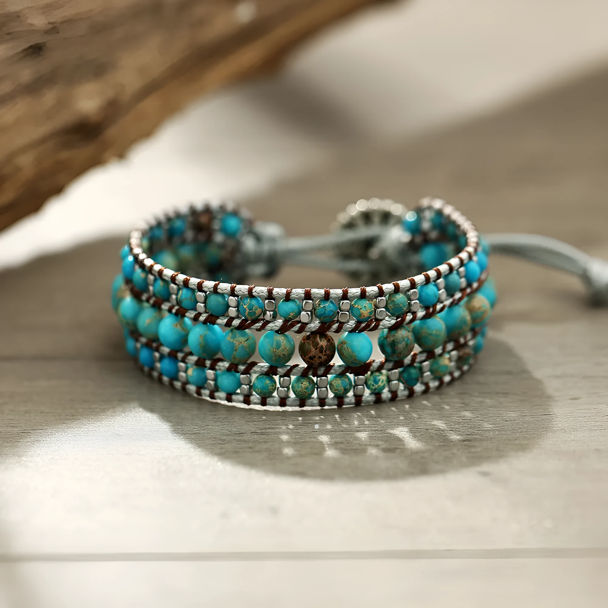 Bohemian emperor turquoise handmade bracelet with green inlaid gem and starry sky geometric design