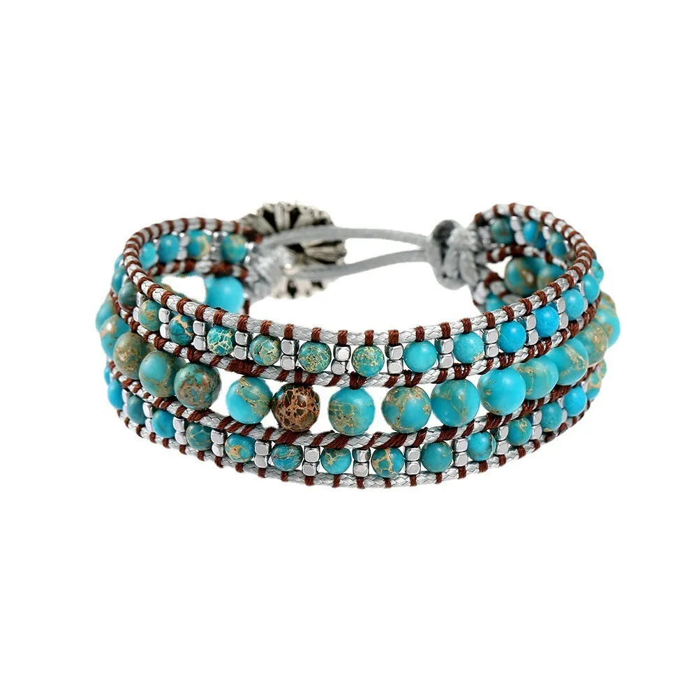 Bohemian emperor turquoise handmade bracelet with green inlaid gem and starry sky geometric design