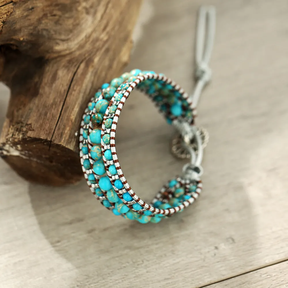 Bohemian emperor turquoise handmade bracelet with green inlaid gem and starry sky geometric design
