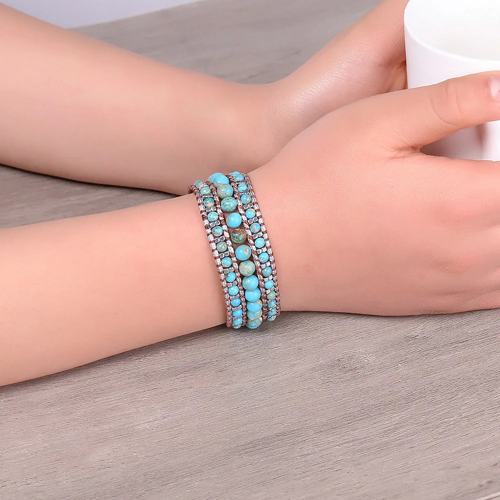 Bohemian emperor turquoise handmade bracelet with green inlaid gem and starry sky geometric design