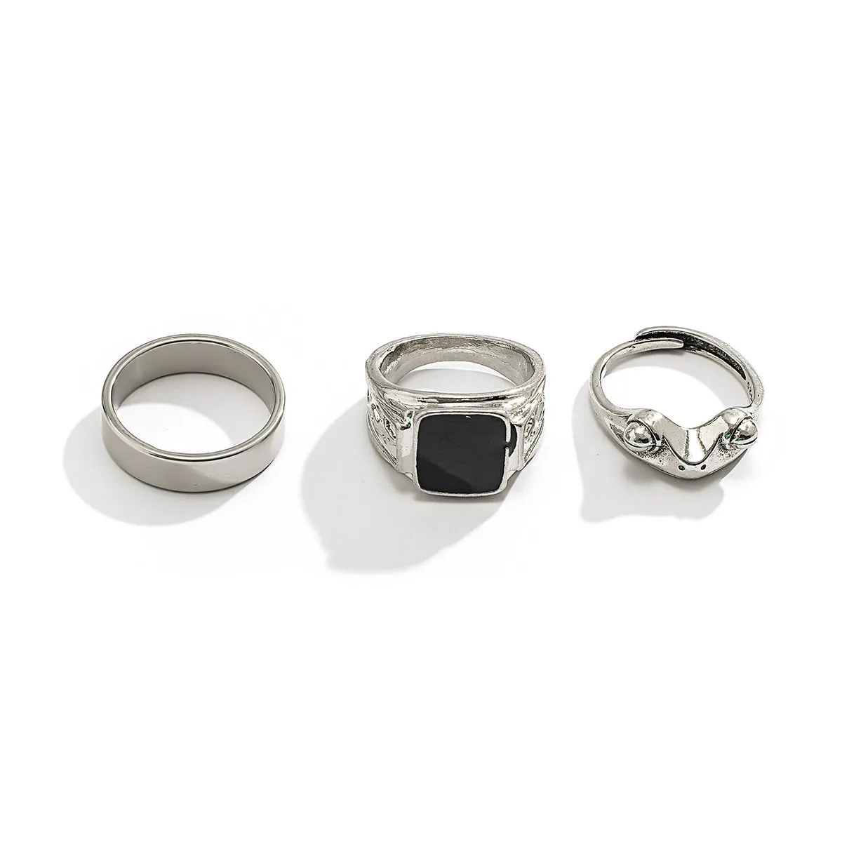 Three-piece frog square drip ring set in antique silver alloy with geometric design.