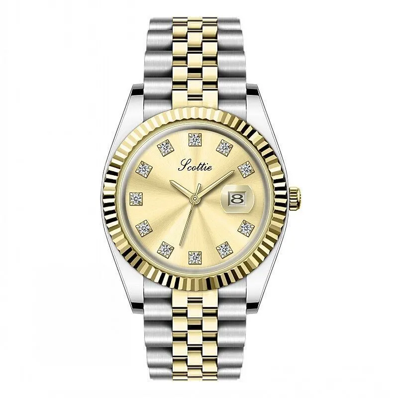 Women's casual analogue calendar watch with gold case, white dial, and steel belt on wrist