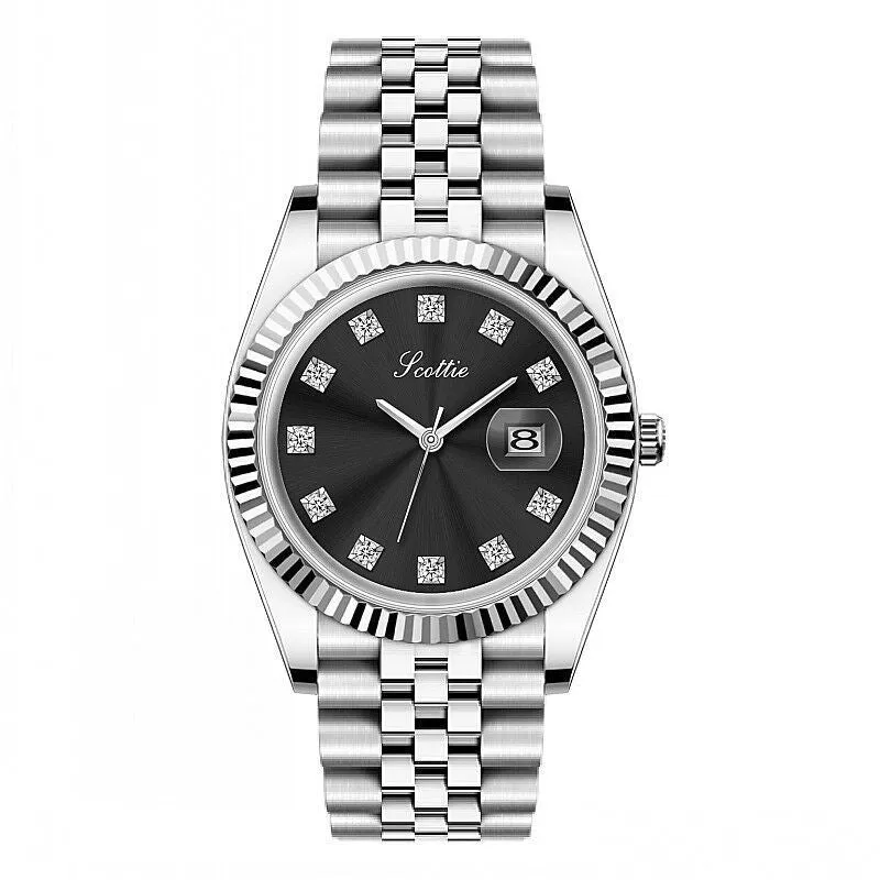Women's casual analogue calendar watch with gold case, white dial, and steel belt on wrist