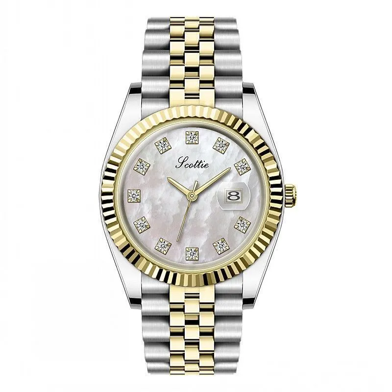 Women's casual analogue calendar watch with gold case, white dial, and steel belt on wrist