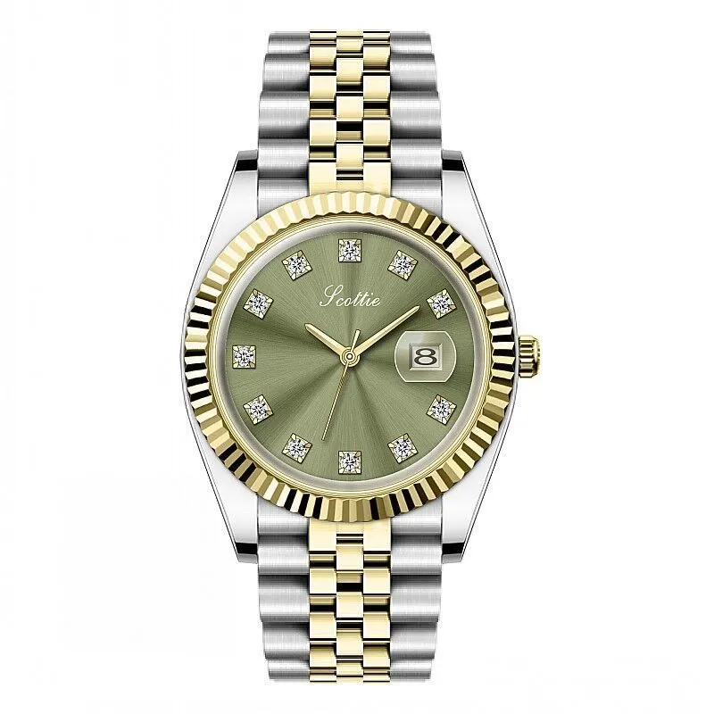 Women's casual analogue calendar watch with gold case, white dial, and steel belt on wrist