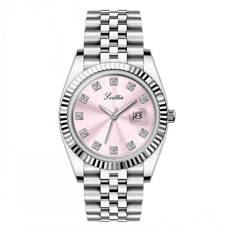 Women's casual analogue calendar watch with gold case, white dial, and steel belt on wrist