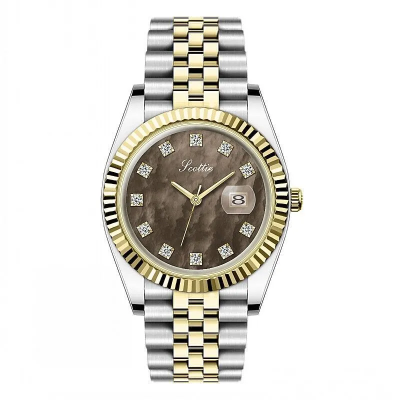 Women's casual analogue calendar watch with gold case, white dial, and steel belt on wrist