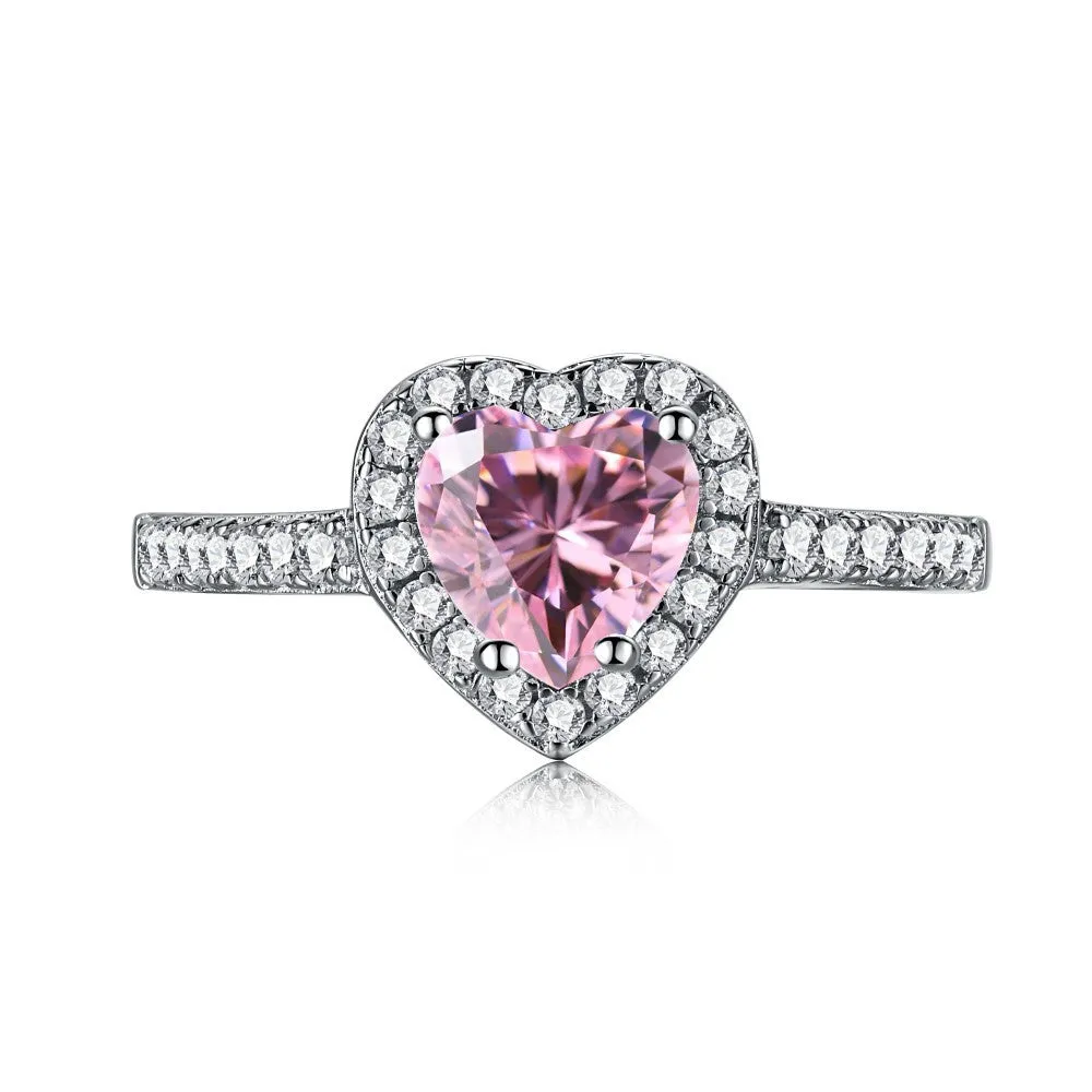 Women's S925 sterling silver heart-shaped ring in white diamond electroplated finish on white background