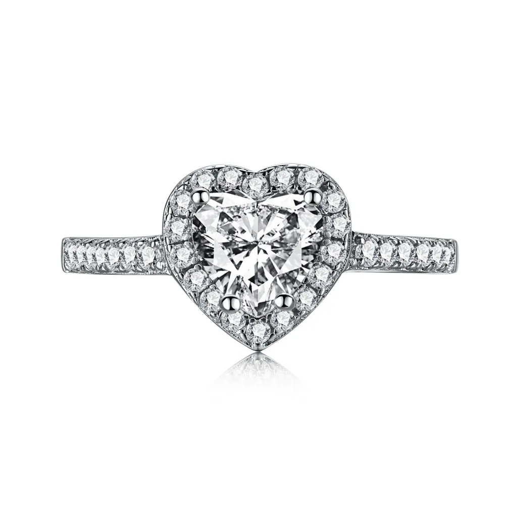 Women's S925 sterling silver heart-shaped ring in white diamond electroplated finish on white background