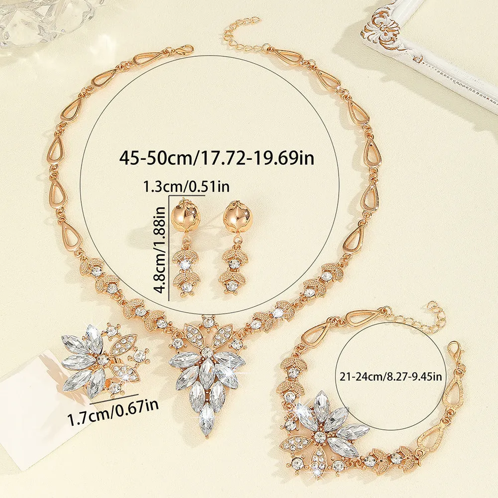 White electroplated alloy women's jewellery set earrings necklace ring bracelet with plant flower pattern