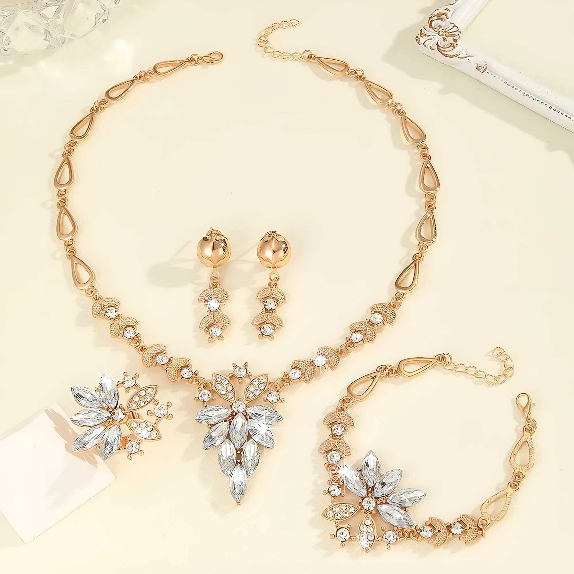White electroplated alloy women's jewellery set earrings necklace ring bracelet with plant flower pattern