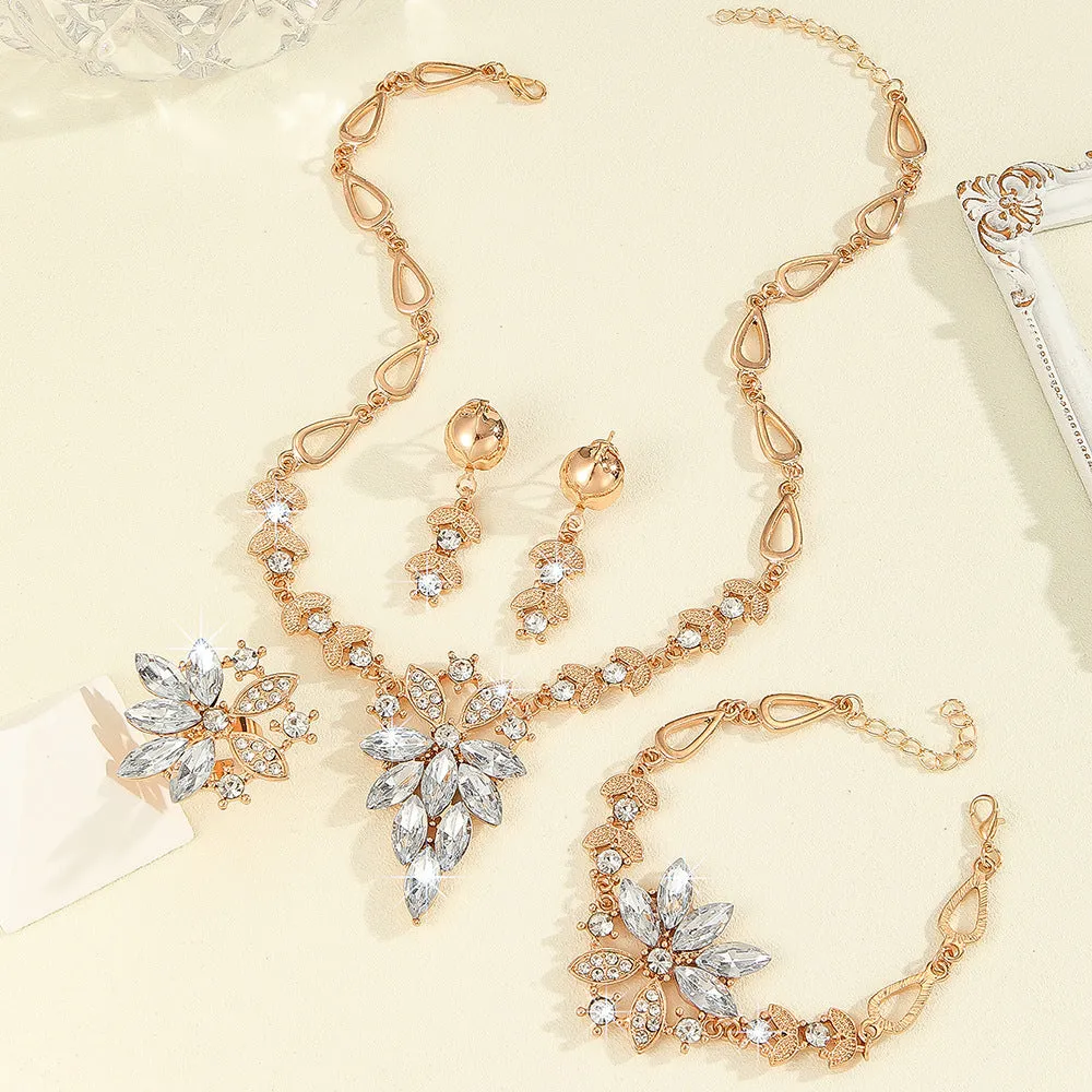 White electroplated alloy women's jewellery set earrings necklace ring bracelet with plant flower pattern