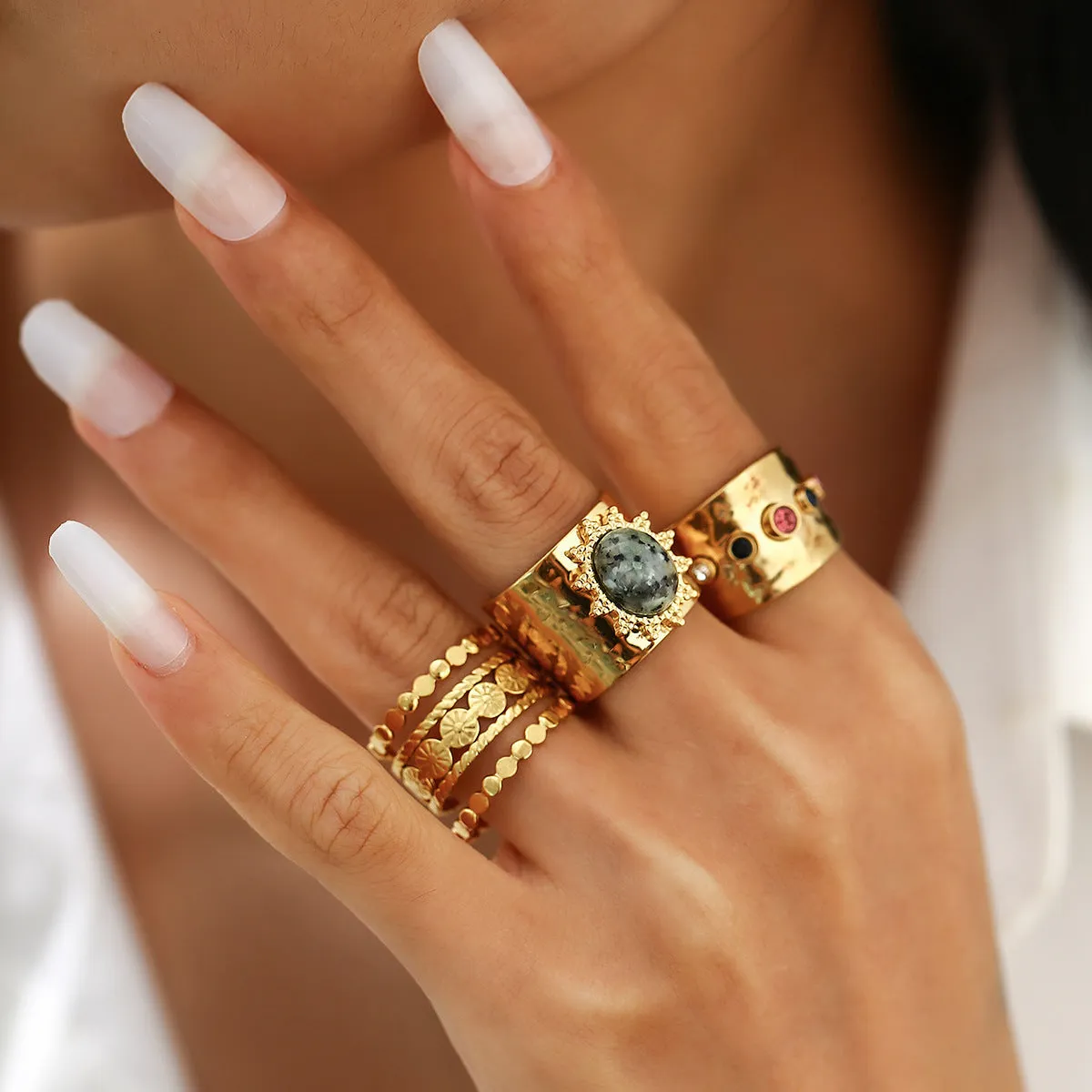 European and American retro micro-inlaid wide face ring set for women in light gold, open mouth alloy construction