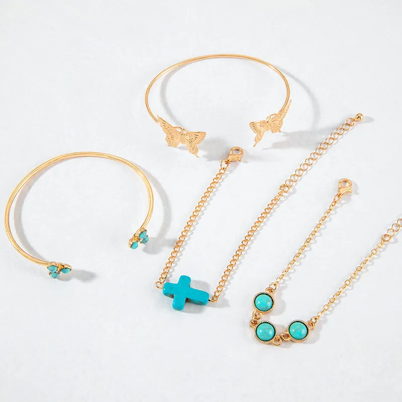 Turquoise alloy butterfly bracelet set with exaggerated design and electroplated finish